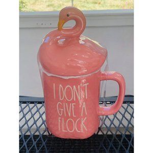 RAE DUNN Summer LL "I DON'T GIVE A FLOCK" Pink Mug With Flamingo Topper - New